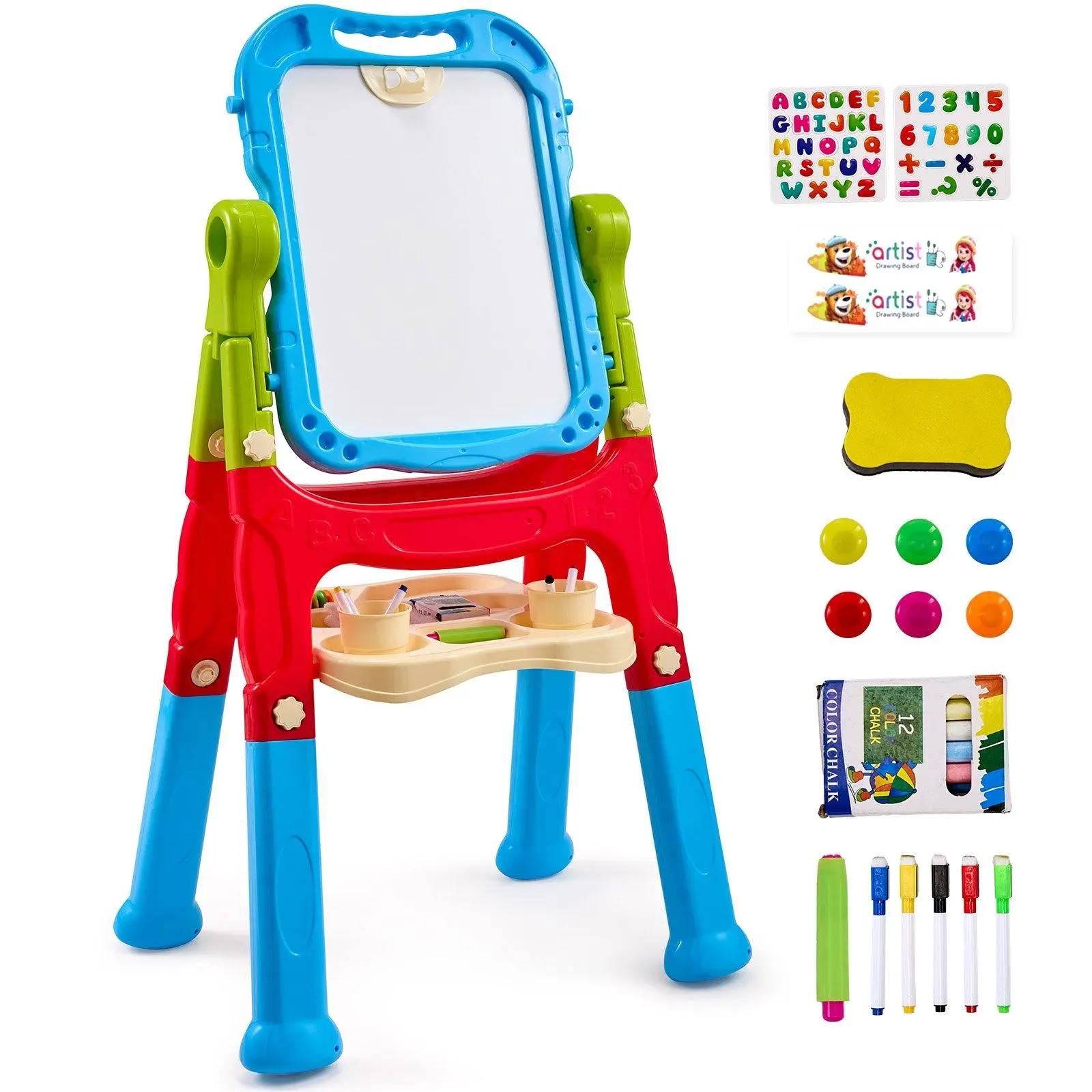 VEVOR 2-in-1 Kids Art Easel - Double-Sided Magnetic Whiteboard & Chalkboard, 360° Rotation, Lightweight, Adjustable Height, 32.3 in/820 mm, Chalk Holder, Supports Children Development, Kids Gift Idea#BackToSchool