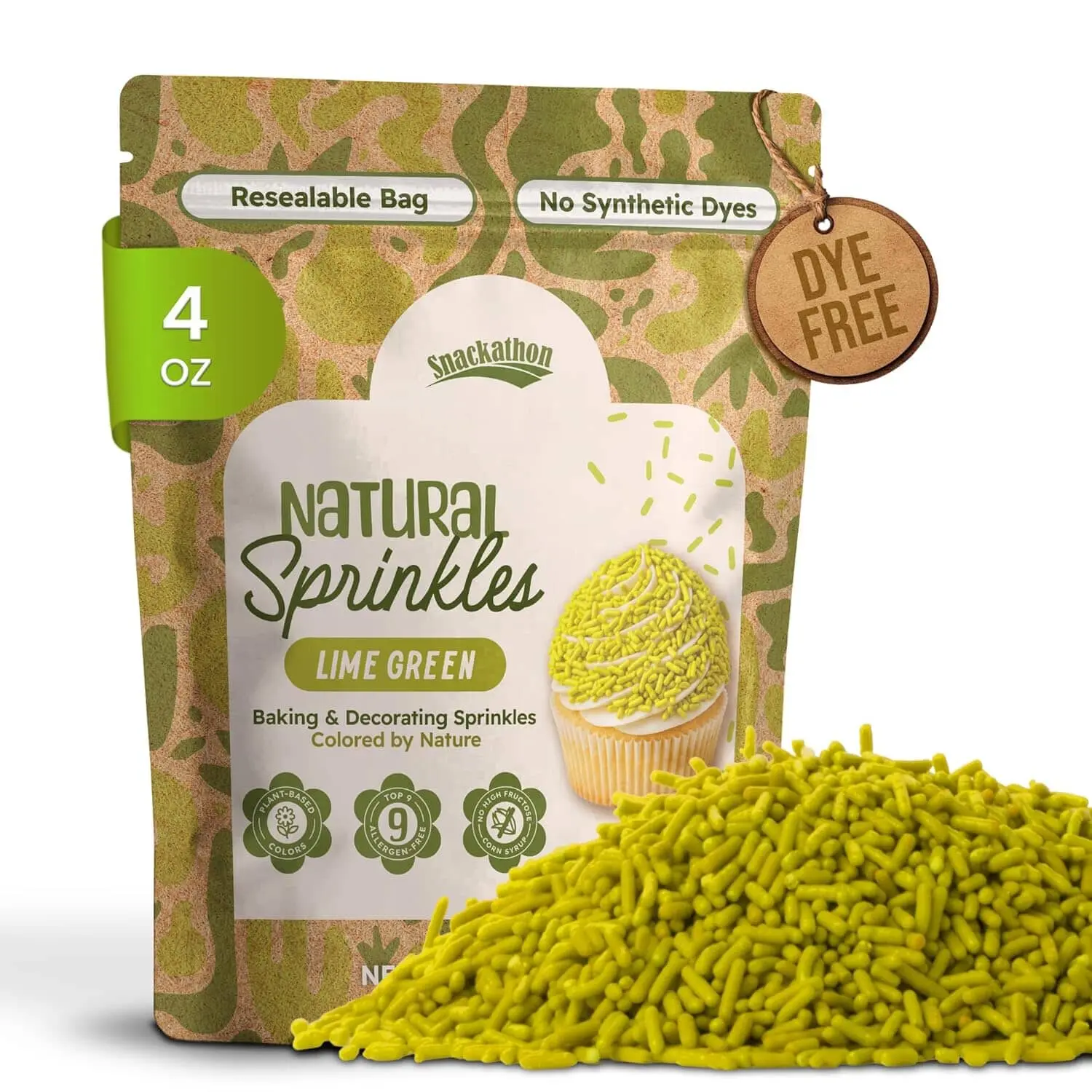 Snackathon Natural Sprinkles for Baking & Decorating, Dye-Free Green Sprinkles, Jimmies in Resealable Bag - Naturally Colored, No Artificial Dyes, Gluten-free for Cakes, Cupcakes & Ice Cream