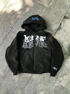 Street Style Graffiti Zip Hoodie, Graphic Print with Star Accents, Fitted Long Sleeve, Comfortable Fabric, Casual Fall & Winter Wear