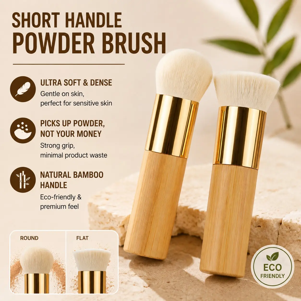 Large Makeup Brush Set - Flat & Round Top Foundation & Powder Brushes - Professional Soft Synthetic Bristles with Short Handle - Powder Bronzer Brush - Precision Multitasker Brush - Loose Powder Brush