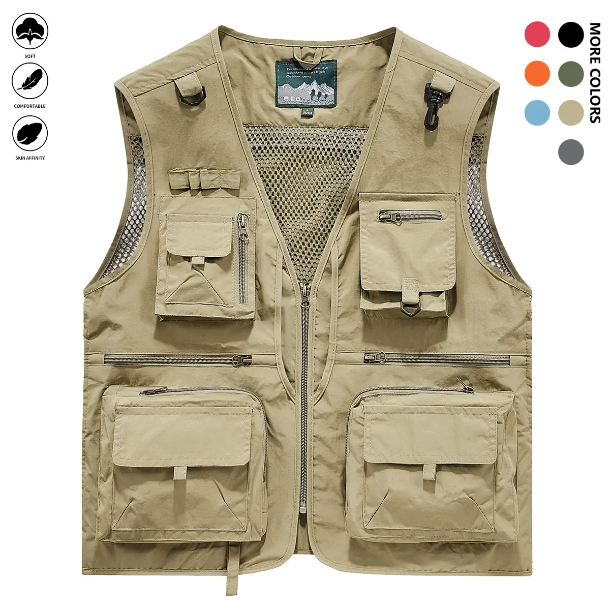 Men's Solid Color Lightweight All-Season Deep Cargo Vest Jacket with Multi-Pocket Outdoor Workwear for Fishing, Safari, Travel & Zippered Door Panels - Machine Washable (Vest & Jacket can be worn separately or together) Gilet Beige