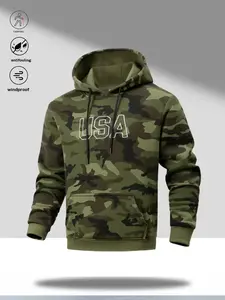 Men's camouflage hoodie with adjustable drawstring, outdoor casual style, featuring a USA letter print for added trendiness. Large pocket convenient for storing items, perfect for everyday outdoor camping or city street style. Suitable for men who love ou