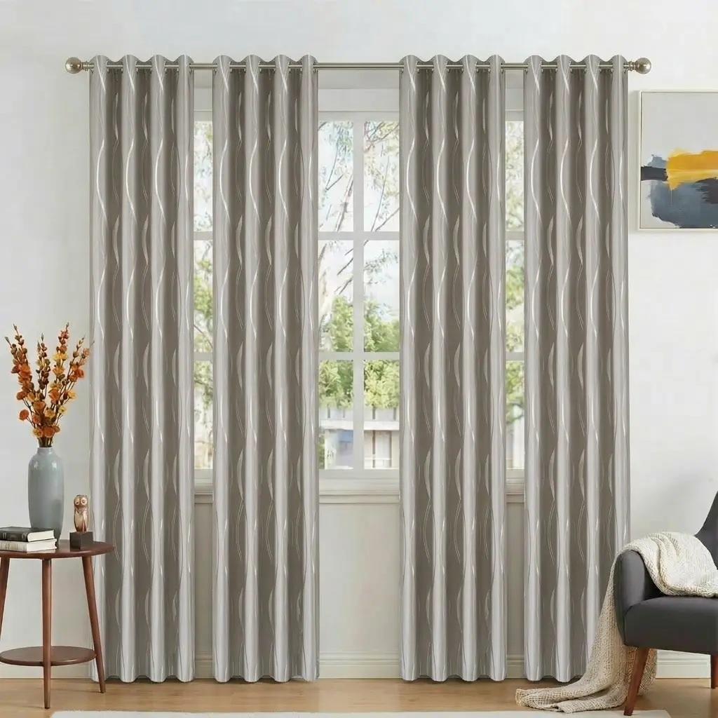 4 Panels Blackout Curtains, Grey Modern Style, Dust-Resistant & Stain-Proof, Silver Foil Printed Wave Stripes, Thermal Insulated & Light Blocking for Living Room & Bedroom