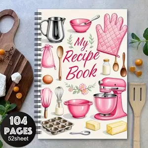 Durable Spiral Recipe Notebook with 'My Cookbook' Design and Kitchen Tools Illustrations, Blank Pages for Recipes and Notes, Spiral Bound Notepad, Gift for Holidays, Durability, Spiral Coil Notebook