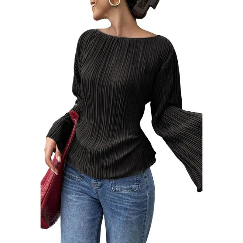 Dokotoo Womens Tops Casual Boat Neck Bell 3/4 Sleeve Shirt Ribbed Knit Criss Cross Tie Waist Pleated Work Office Blouse