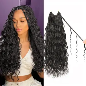 Boho Goddess Box Braids Crochet Hair Extensions – 14" Natural Black, Pre-Looped & Curly Ends, 8-Pack High-Protein Fiber for Effortless Installation