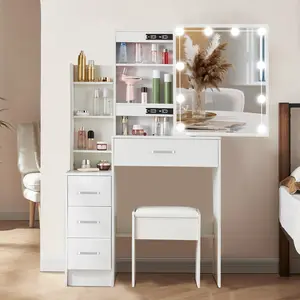 Modern White Dressing Table with Stool & 10 LED Sliding Mirror - Drawers Storage - MDF Material - Interior Design - Bedroom Vanity Set