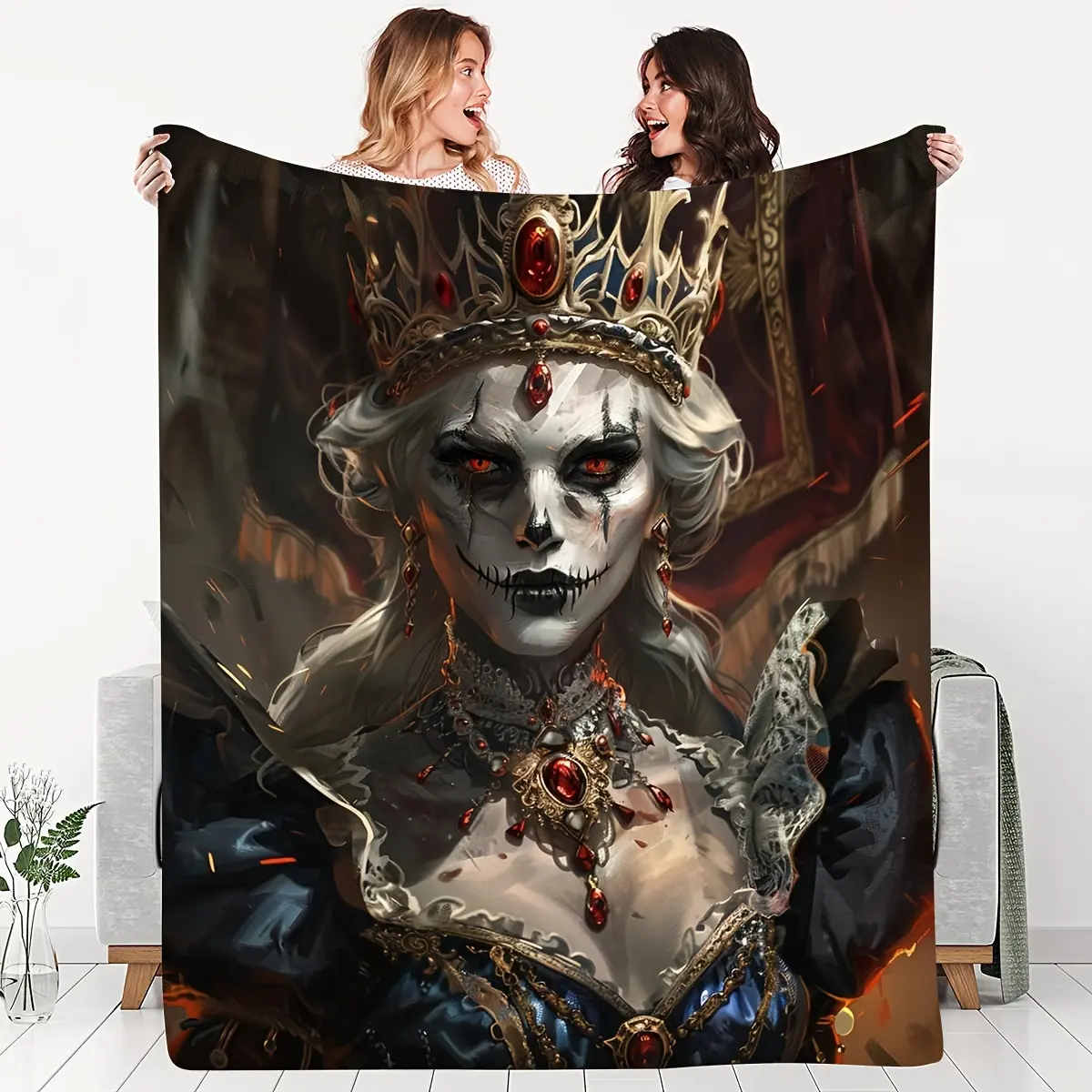 1pc Gothic Queen Skull & Plush Blanket - Soft Flannel Bedspread for Women, Girlfriend Gift, All-Season Cozy Throw with Skull Queen Design, Cottage Style Bedding Accessory (Black/Multicolor), Skull Print, Gothic Theme