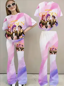 3D Printed Gradient Short Sleeve Bell Bottom Pants Set, Summer Sweet Cool Fashion Aesthetic, Women's Casual Slim Fit Clothing
