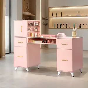 Manicure Table for Nail Tech, Relief Particle Board Tempered Glass ,Three Doors and Two Drawers fanless Nail Table,Dust Collector for Beauty Salon Tech Station (Pink)