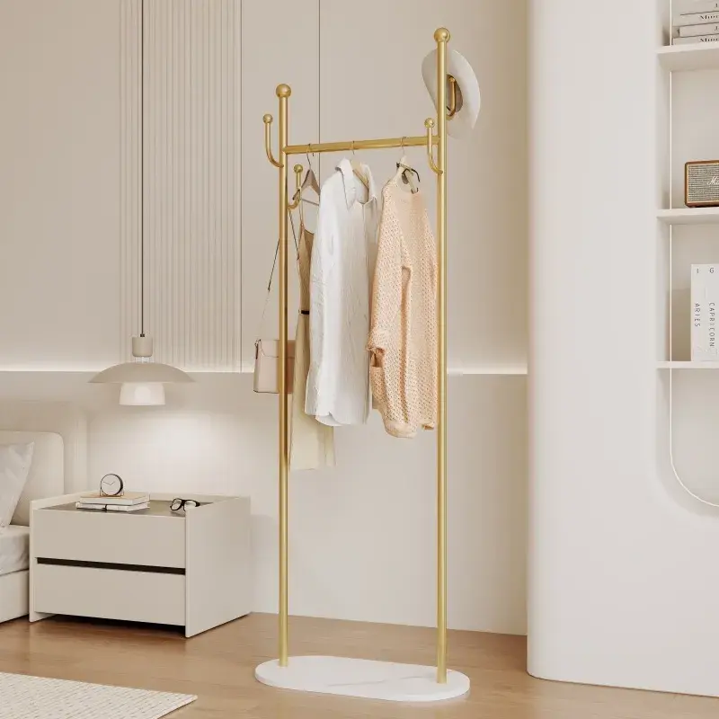 Clothing Rack, Golden Metal Freestanding Heavy Duty Clothes Rack with Marble Base, Multipurpose Garment Hanger for Bedroom, Hat, Scarf, Jacket, Laundry  Wall Hangable