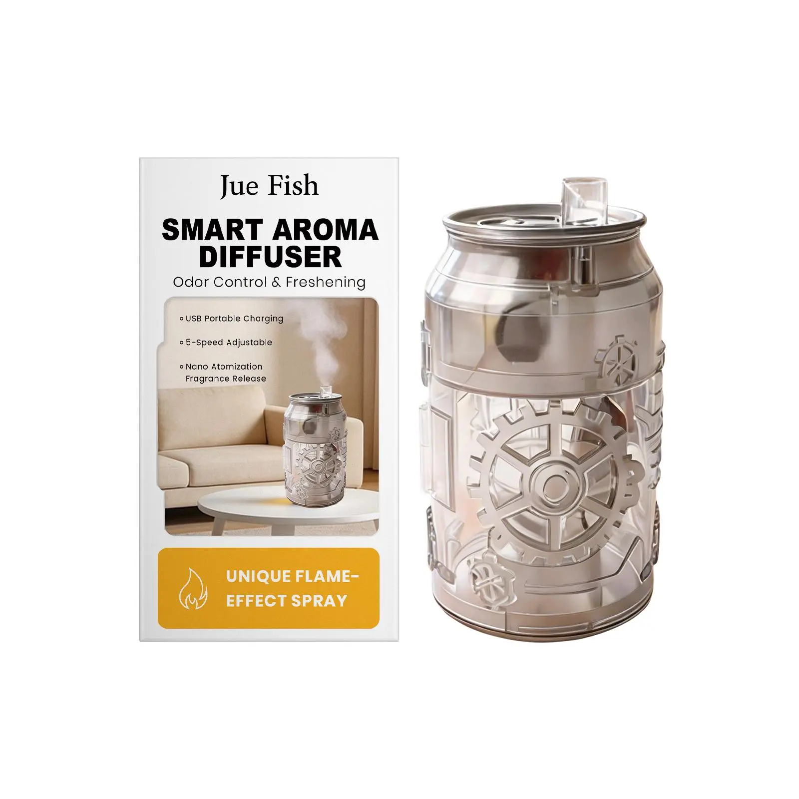 Jue Fish Waterless Essential Oil Diffuser, USB Rechargeable 5-Mode Aroma Diffuser with Flame-Effect Light for Bedroom, Office & Dorm