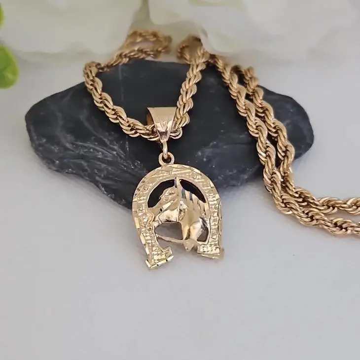 Gold Lucky Horseshoe Necklace for Men, 4mm French Rope Chain