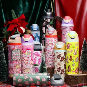1 Pc19/24/32oz double wall insulated thermal mug, leak-proof skinny vacuum cup, Christmas cake and tree dessert pattern, pink background festive design, keeps hot 12 hours cold 24 hours, perfect gift for women men, holiday travel mug for hot cold drinks