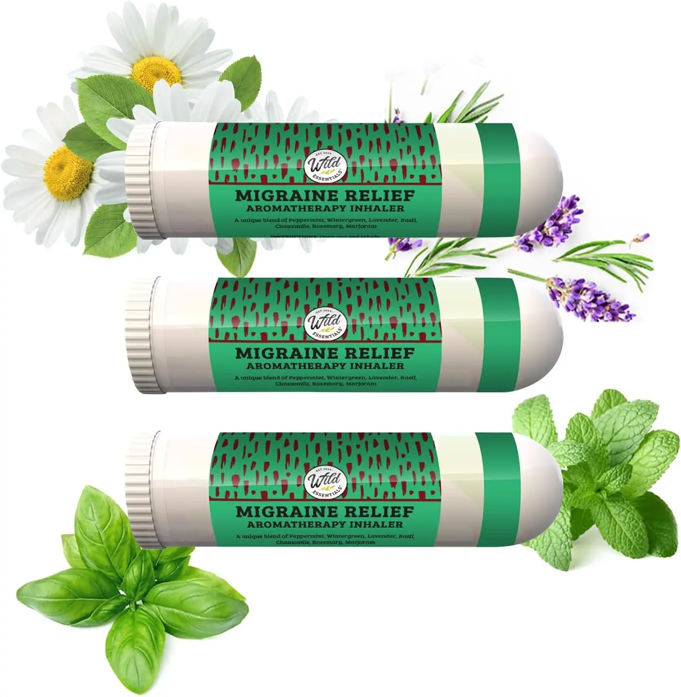 Wild Essentials 3 Pack of Migraine Relief Nasal Sticks, Inhalers with All Natural Essential Oils for Headaches Tension Congestion Cold - Premium Grade Aromatherapy Solution, Made in USA - Wellness, Herbal, Holistic
