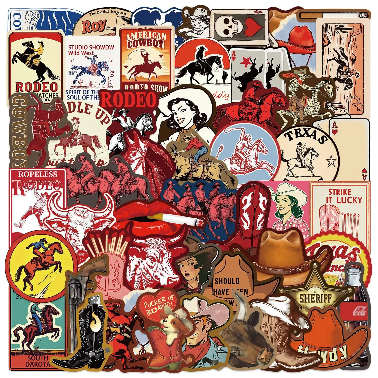 50 Pcs Vinyl Cowboy-Country Western-Cowgirl Decal Pack, Waterproof Office Labels for Water Bottles, Laptops, Suitable for Teens Adults, 50 Pcs Pack