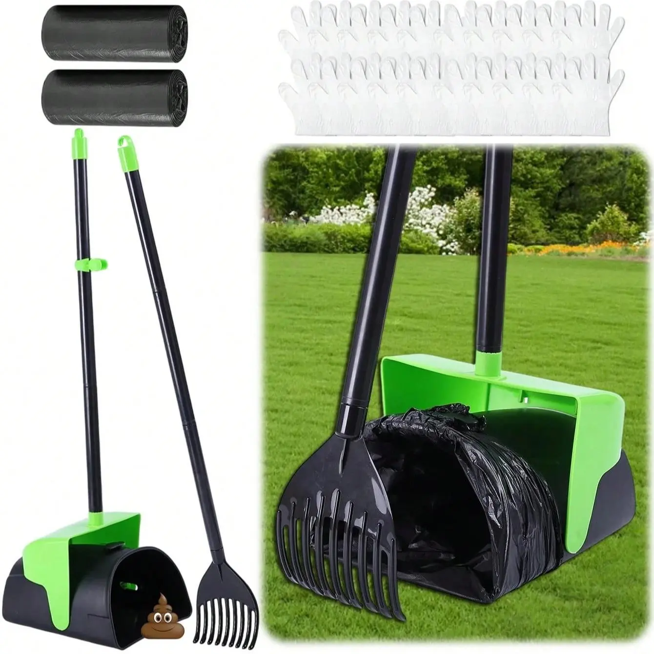 Pooper Scooper Large Swivel Bin & Rake with 100 Gloves & 40 Waste Bags,Heavy Duty Dog Pooper Scooper with Bag Attachment for Dogs, Long Handle Poop Scooper with Lid for Yard, Grass, Gravel
