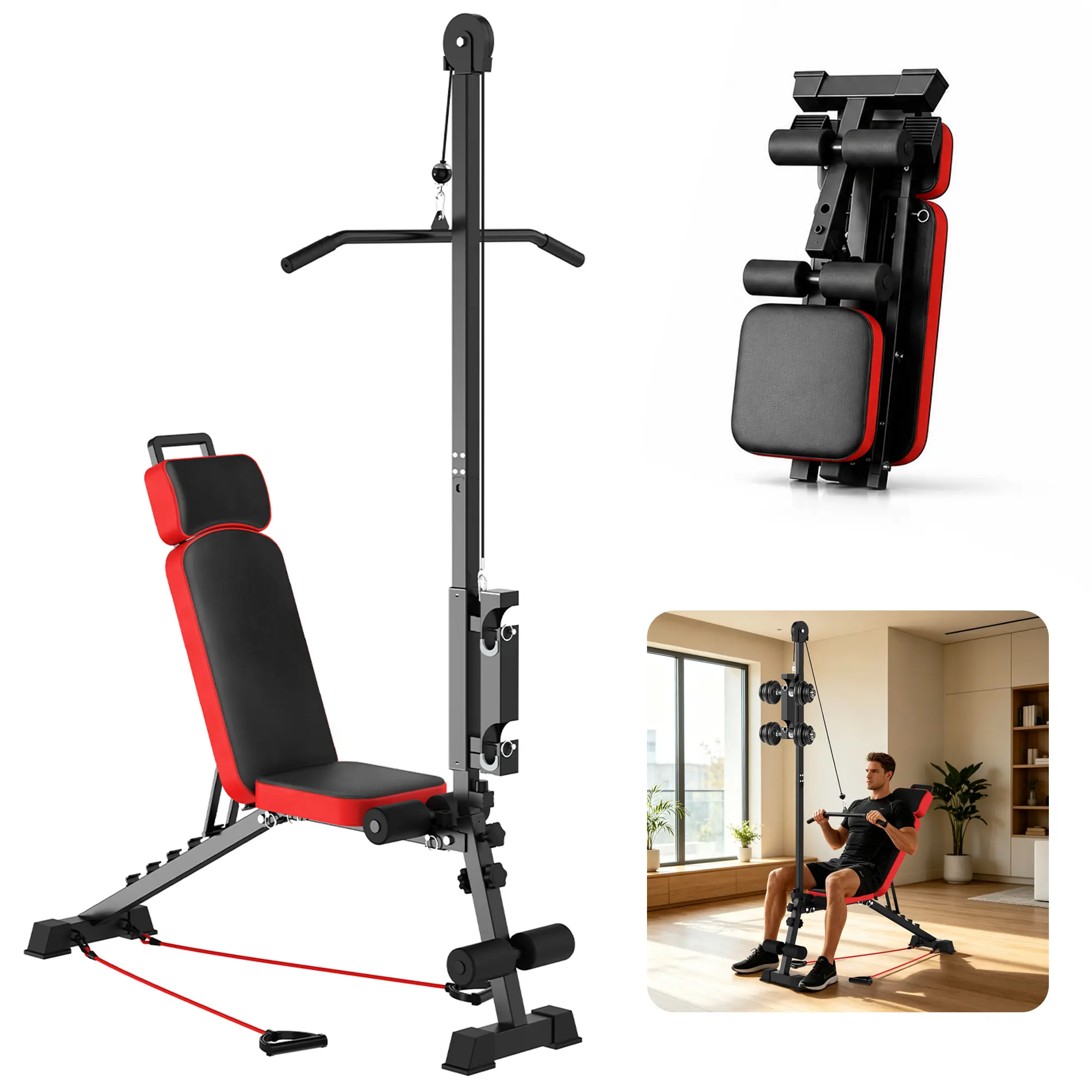 SAYGOGO Multi-Functional Steel Weight Bench, Adjustable Seat & Backrest with Pulley System for Home Gym Strength Training, 16.2Kg, Compact, Multiple Angles