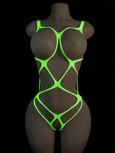 Glow-In-The-Dark Women's Mesh Bodysuit, High Elasticity Sexy Underwear, Lingerie, Neon, Breathable Mesh, Perfect for Nightclubs, Role Play
