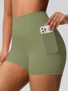 Women's High Waist Yoga Shorts with Pockets Tummy Control Workout Running Athletic Stretch Quick Dry Non-See-Through Gym Fitness Shorts