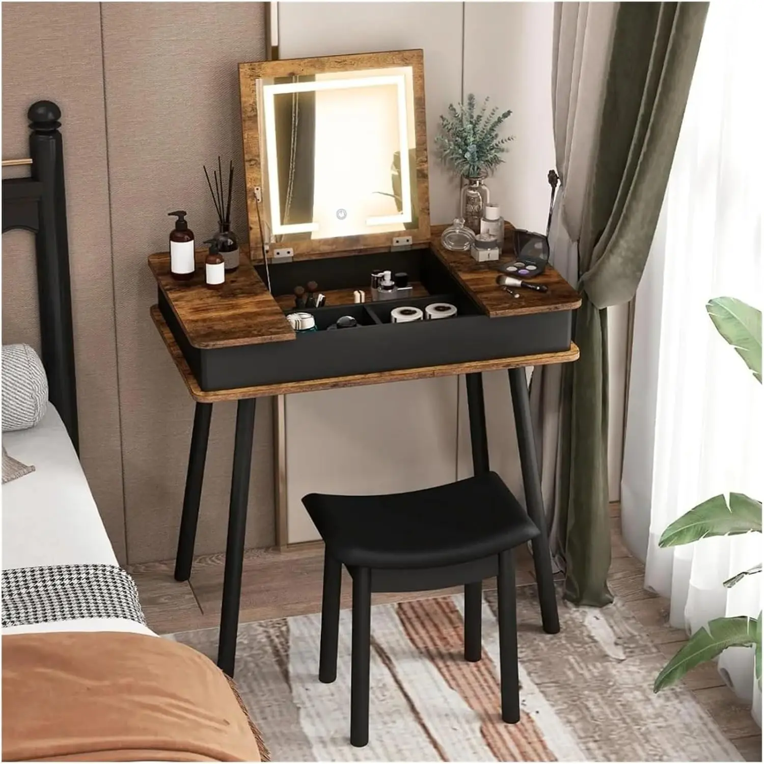 Vintage Foldable Makeup Vanity Table with Flip Top Mirror & 3-Color LED Lights,Space Saving Makeup Vanity Desk Set with 6 Storage Spaces and Power Outlet,Cushion Stool,Rustic Brown(High end and high-quality) vanity  without  let