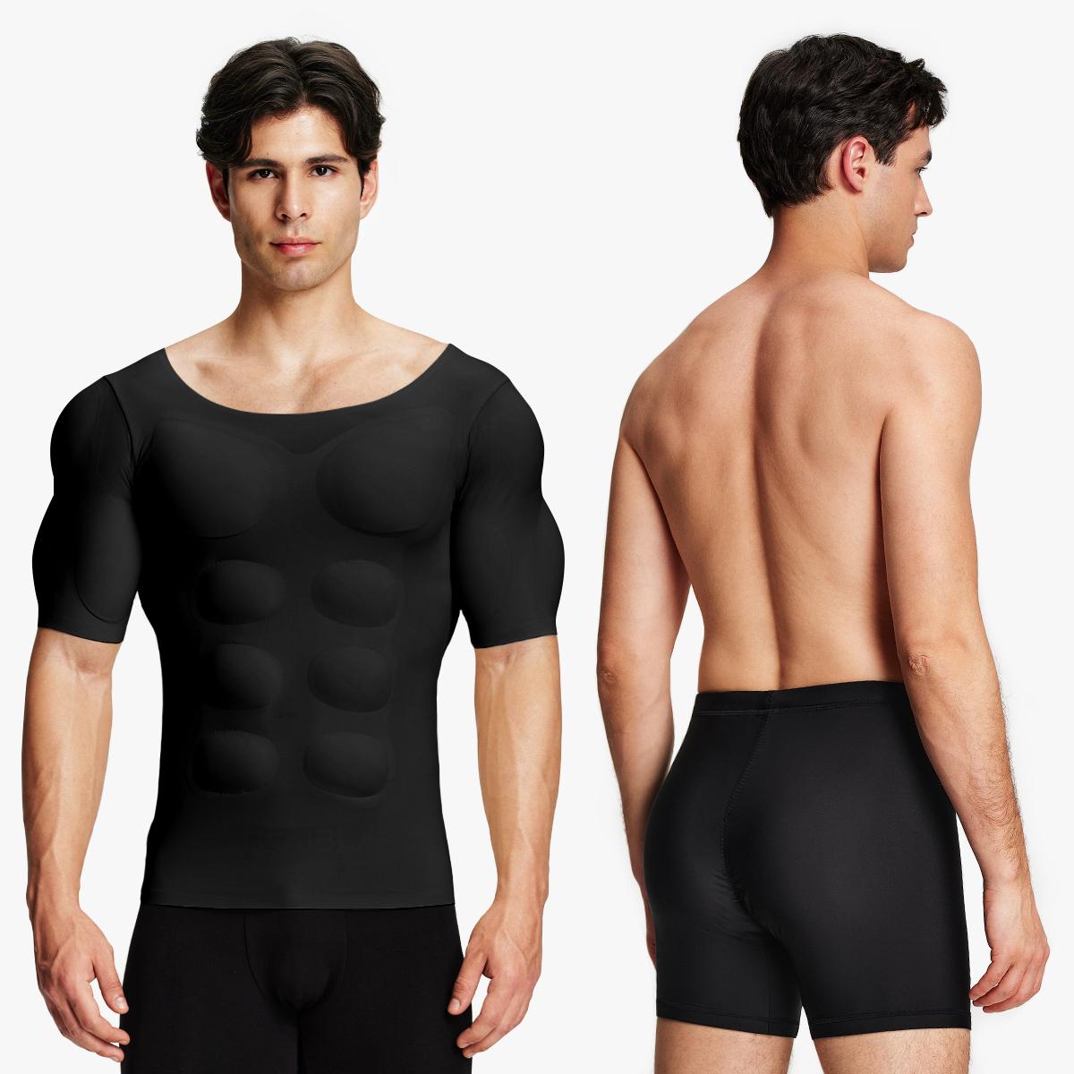 【Nebility】 Men’s Invisible Seamless Muscle-Enhancing T-Shirt with Removable Muscle Pads and Light Compression Function, Suitable for Everyday Wear, Cosplay, and Special Occasions