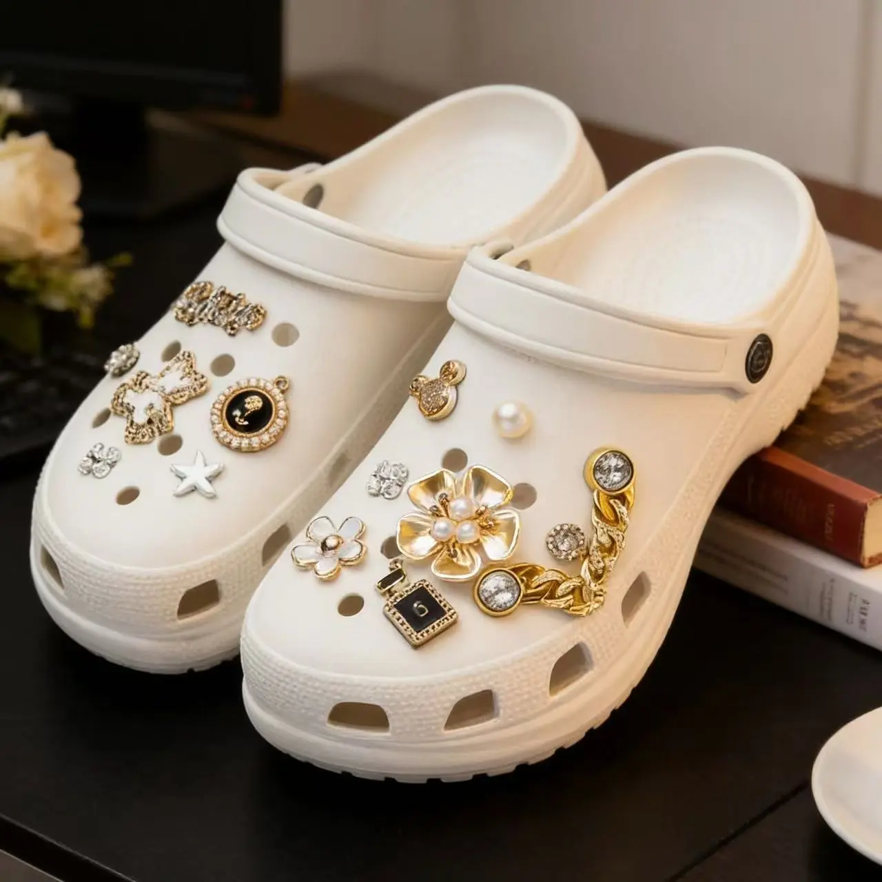 14pcs Croc Charms Set Pearl Flower Metal Shoe Charms for Clog Sandals DIY Shoe Accessories