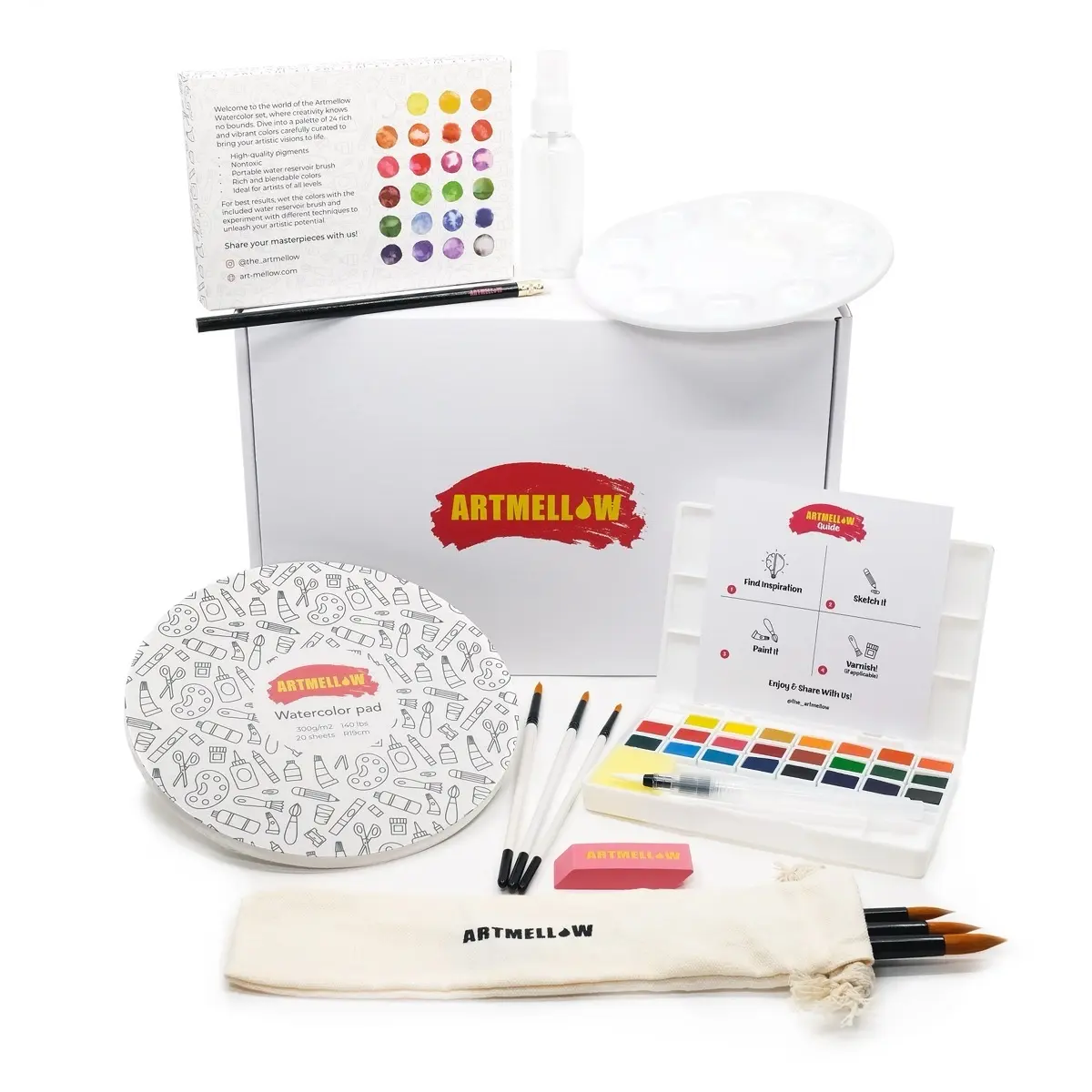 Watercolor Paint Kit, All-in-One Starter Set for Kids & Adults, 24 Colors, Round Paper Pad, Brushes - Art Supplies Gift Set
