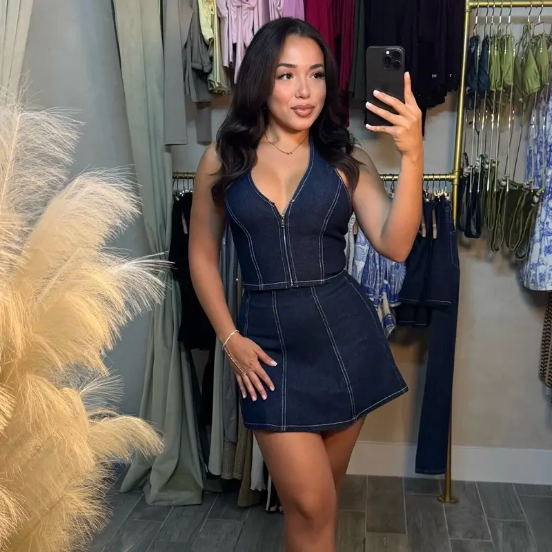 Women's 2-Piece Country Denim Halter Top & Skirt Set, Sleeveless Casual Suits for Summer