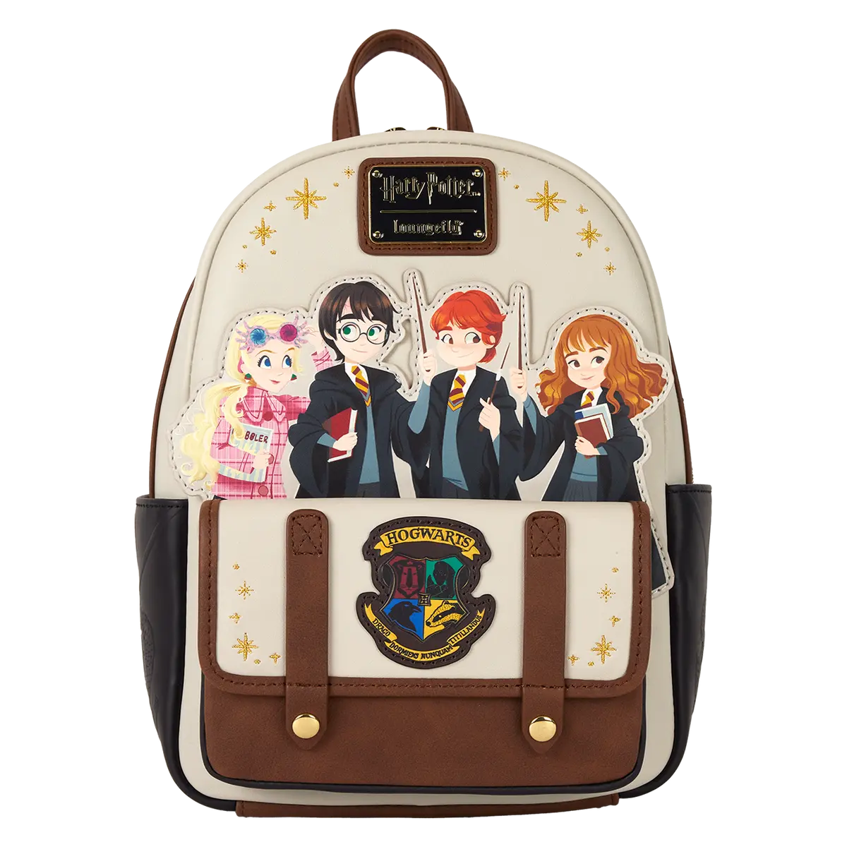 Loungefly Harry Potter Spring Flap Pocket Mini Backpack, Polyurethane Leather with Gold Sparkle Embroidery and Luxe Metal Hardware, Carry Backpack, Compact Mini Backpacks