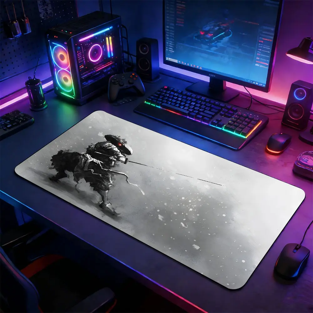 Ink Wash Samurai Large Gaming Mouse Pad, Extended Non-Slip Rubber Base Desk Mat, Monochrome Japanese Warrior Art Computer Accessory, Durable Office Desk Pad for Home Office & Gaming Setup, Ideal Gift for Anime & Martial Arts Fans, Desk Gadgets