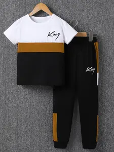 Boy's Letter Print Tee & Side Stripe Sweatpants Set, Round Neck Set, Colorblock Short Sleeve T-shirt & Jogger Pants, Casual Summer Outfits Clothes for Kids Children, Kids Athletic Clothing, Striped Sets, Youth Kits