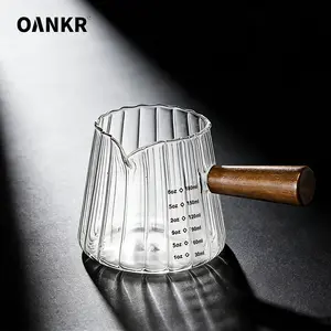 6oz/180ML Italian Espresso Glass Cup with Wooden Handle, Heat Resistant, Single Spout Frothing Measure, Suitable for Coffee, Milk, Tea, Syrup