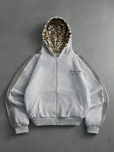 1PC Men's Y2K Zip Up Graphic Long Sleeve Hoodie Oversized Streetwear Grey Polyester Jacket with Leopard Print Lining and Star Embroidery for Casual Daily Outfits