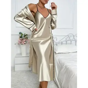 Good [Comfortable Relaxed Fit Pajama Set] Women’s Elegant Silky Pajama Set with Contrasting Piping, Long-Sleeve Robe and Slip Dress, Comfortable Relaxed Fit Fabric Loungewear/Nightwear