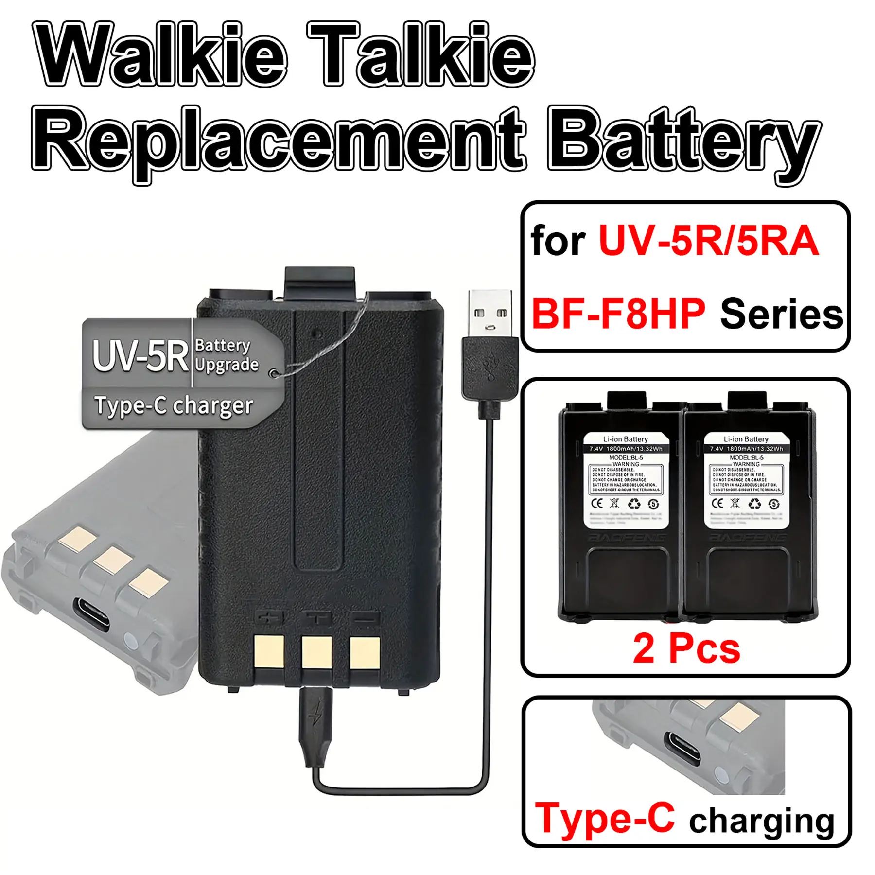 Type-C Port Battery for Two Way Radio, 2Pcs Replacement Battery for Portable Intercom, Walkie Talkie Battery, USB Type-C Charging Port, Li-ion Battery Replacement for 5R 5RX BF-F8HP Series, High Power and Large Capacity, 2 Pack
