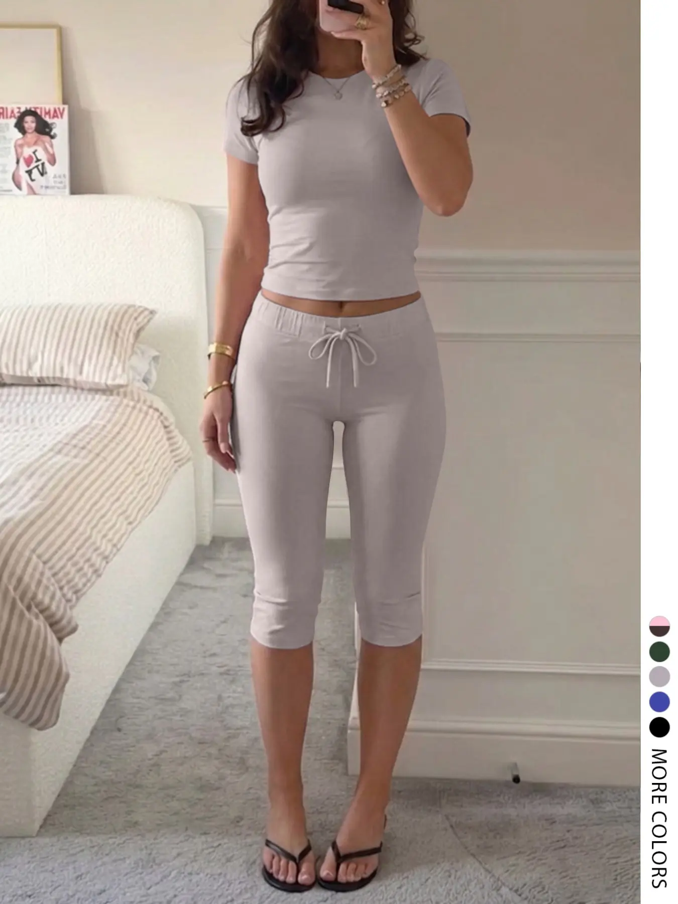 Lw Home Women's Fashion Casual Basic Solid Color Round Neck Short Sleeve T-Shirt and Drawstring Adjustable Seven-Eighths Pants Cozy Snatched Pant Set, Summer Home Wear Womenswear