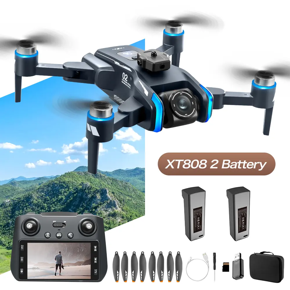 GPS Drone with HD Dual Camera, Brushless Motor FPV Quadcopter, 4.5" Screen Remote Controller, 180° Wide Angle Lens, Auto Return Home, Follow Me, Gesture Control, Altitude Hold, One Key Takeoff Landing, LED Light, 2 Batteries
