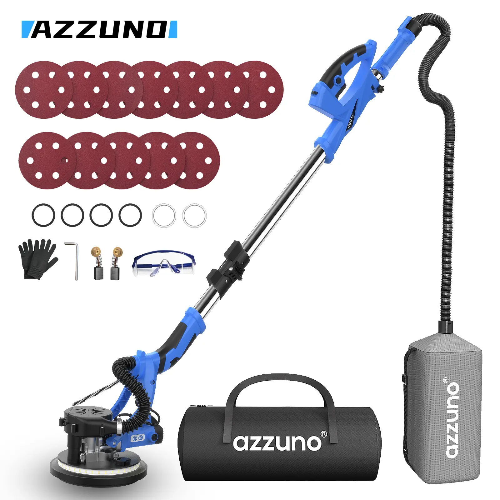 AZZUNO DMJ001 Blue Electric Drywall Sander – Tools & Power Tool with Vacuum Dust Collection, Adjustable Speed, LED Light, Foldable Handle, Sanding Disc, Grid