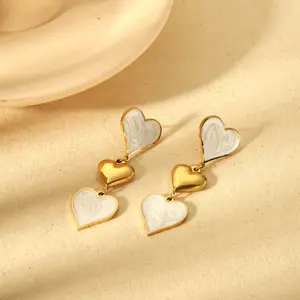 Gold Tone Triple Heart Drop Dangle Earrings for Women, Two-Tone Swirl Enamel Tiered Love Heart Pendant Ear Jewelry, Waterproof Tarnish Resistant Dangling Accessory for Daily Wear, Wedding & Date Night Styling