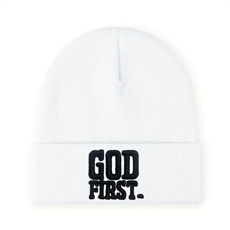 Unisex Knitted Beanie, 1pc Christian Faith-Themed Graphic Hat with "GOD FIRST" Embroidery, Unisex Fit Ease, Christian Faith-Themed Graphic Hats, Fitness For Everyone, Foldable Cuff