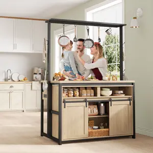 42 in Kitchen Island with Power Outlet & Butcher Block Top, Multi-Functional Dining and Living Room Cabinet,Open Shelf Storage for Dining Room, Natural Wood