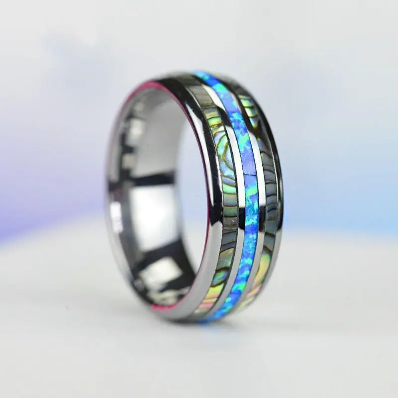 Genuine Australian Blue Fire Opal with Abalone Tungsten Ring For Him For Her