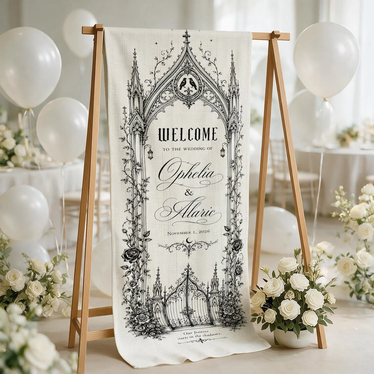 Personalized Gothic Wedding Linen Tapestry: Custom Archway Welcome Sign Personalized Linen Wedding Banner,  Name Date Ceremony Sign