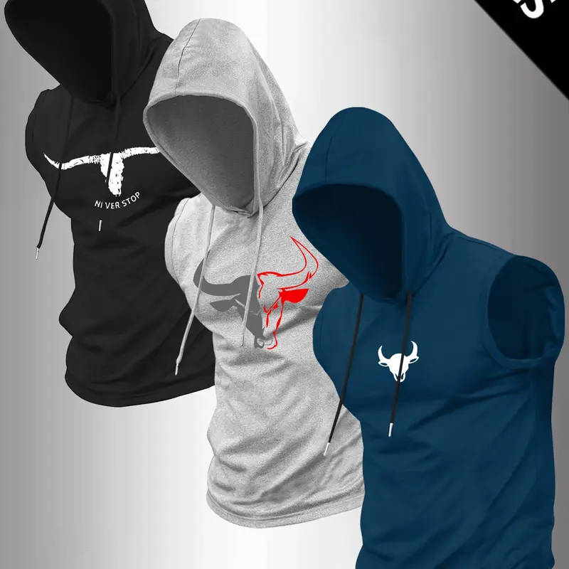 Men's Bull Head Print Hooded Tank Top, Regular Fit Casual Comfy Sleeveless Top for Summer, Men's Clothes for Outdoor Workout, Menswear, Casual Sportswear, Animal Pattern Sportswear, Sleeveless Workout Tops, Activewear Clothing, Casual Sports Hoodie