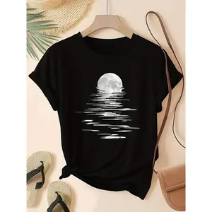 Women's Moon Print Cotton T-Shirt - Casual Crew Neck, Short Sleeve, Stretch Fit, Machine Washable, Black with White Moon & Water Design, Casual Wear Moon Print Top Stretchy Fabric
