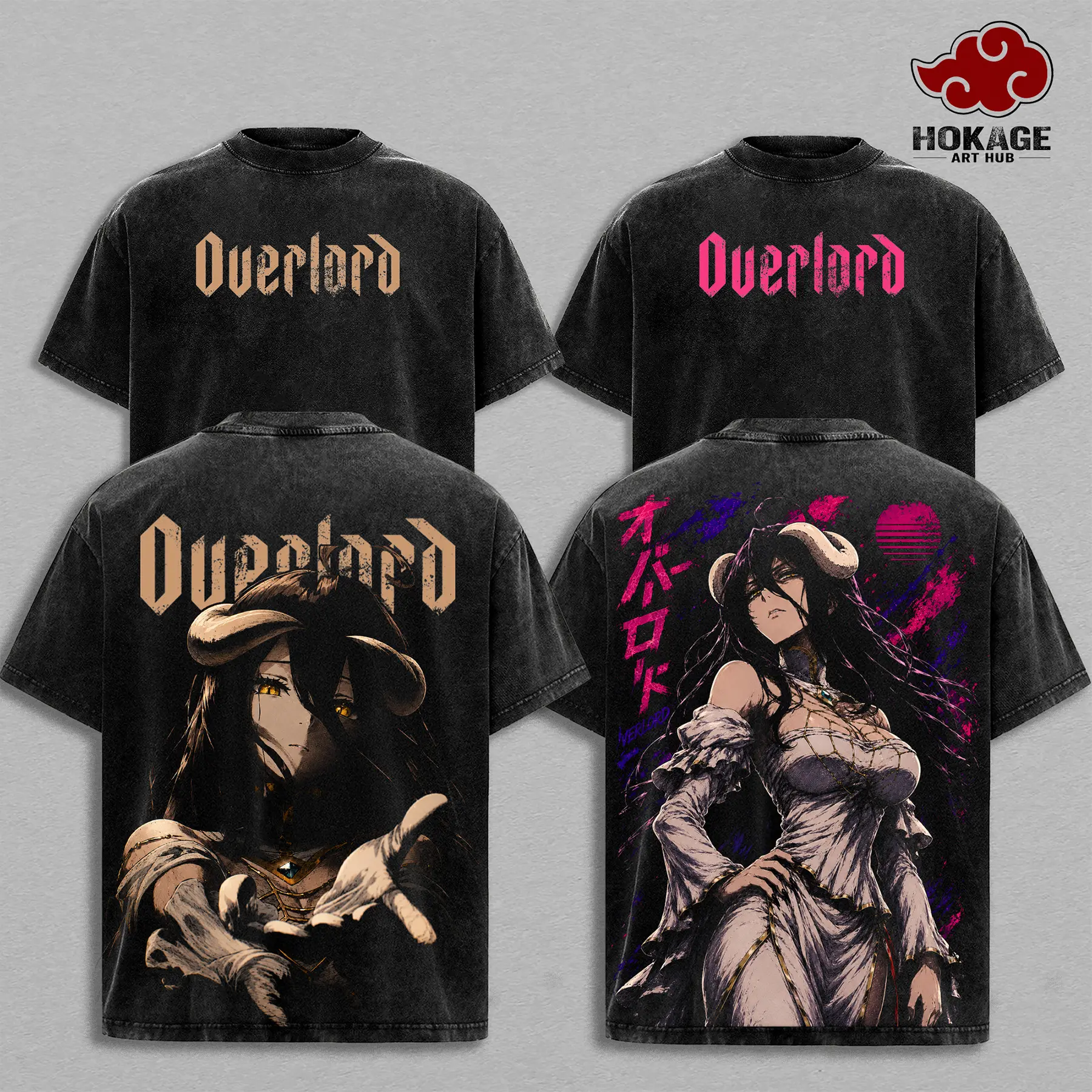 Unisex Oversize Albedo Overlord Anime Double-Printed Vintage Washed Heavyweight Cotton Short-Sleeve T-Shirt, Men's Tops, Seamless Apparel Pieces, Shortsleeve