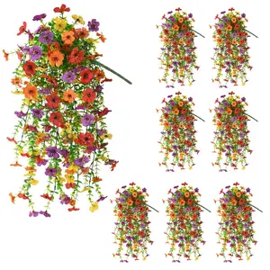 8PCS UV Resistant Artificial Hanging Flowers, Faux Silk Daisy with Eucalyptus Leaves, Fake Outdoor Flowers