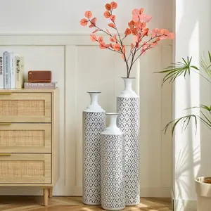 Floor Metal Vases Decorated White Floor Standing Vintage Big Vases Set of 3 Gorgeous Home Decoration Large Glazed Farmhouse Vases 24in/28.7in/33.5in Height Floor Centerpiece Decorative Geometric Ornaments