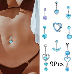 9pcs Exquisite Shiny Multicolor Stainless Steel Pierced Jewelry Sparkling Heart Pendant Belly Button Ring Chic Belly Button Piercing Hoop Set Fashion Accessory, Pierced Body Accessory, Body Jewelry Set, Heart Pendant Jewelry, Pierced Hoop Set, Shiny